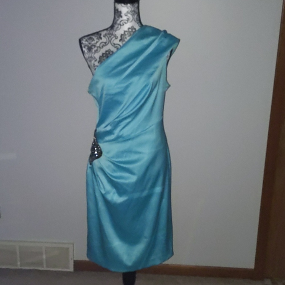 Tiffany blue satin one shoulder dress